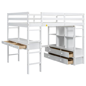 English Elm Full Size Loft Bed Pine Wood Frame with Desk Four Drawers and Shelves in White SM000320AAK-1