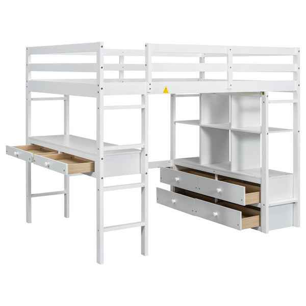 English Elm Full Size Loft Bed Pine Wood Frame with Desk Four Drawers and Shelves in White SM000320AAK-1