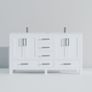 English Elm White Double Bath Vanity 60in W x 22in D with Carrara Marble Top, Chrome Faucet, Soft-Close Storage Durable B2731P259071