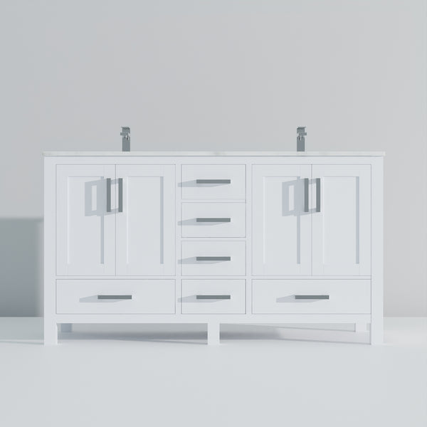 English Elm White Double Bath Vanity 60in W x 22in D with Carrara Marble Top, Chrome Faucet, Soft-Close Storage Durable B2731P259071
