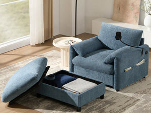 English Elm 37" Oversized Chenille Armchair with Ottoman Usb Charging Pocket Spring Living Room Blue N723P387145C