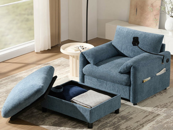 English Elm 37" Oversized Chenille Armchair with Ottoman Usb Charging Pocket Spring Living Room Blue N723P387145C