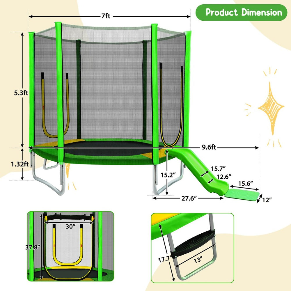 English Elm 7ft Hexagonal Kids Outdoor Trampoline with Slide Ladder and Safety Enclosure Net K821P382822F