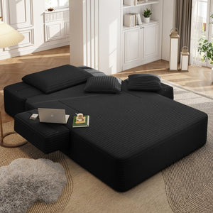 English Elm Luxurious Corduroy Convertible Chaise Lounge Sofa Bed with Foam Support for Apartments Black W3219P449015