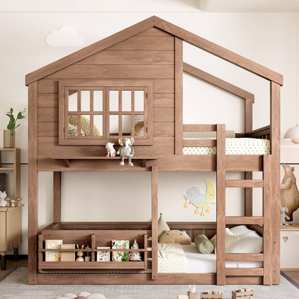 English Elm Full Bunk Bed with Trundle Bookshelf Storage Pine Frame Car Design for Kids W1580S00521