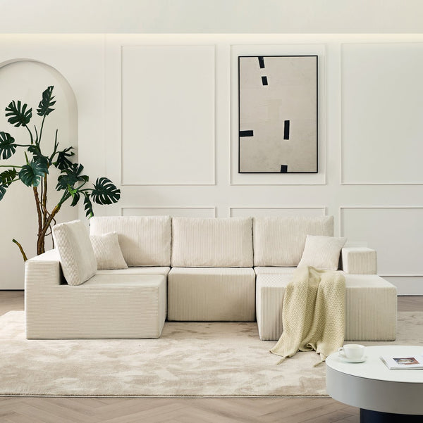 English Elm 139.3" Modular Sectional Sofa - Cloud-Like Boneless Corduroy Couch with Ottoman, 2 Pillows, No Assembly Beige W2656S00012