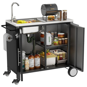 English Elm Outdoor Stainless Steel Grill Cart with Sink Cabinet Storage and Locking Wheels W3190P293812