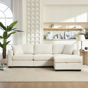 English Elm Modern Chenille L-shaped Sectional with Usb Charging Ottoman Storage Living Room Couch Beige W2120S00016
