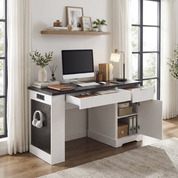 English Elm 55" Fluted White Computer Desk with Power Outlet Pegboard Cabinet and Keyboard Tray W2917P396008