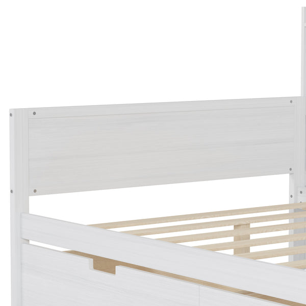 English Elm Wooden Full Size Daybed with Built-In Desk, Side Shelves and Dual Drawers for Organized Living Antique White 70 L x 18.6 W x 5.5 H N733S241486K