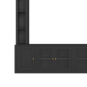 English Elm 4-Piece Modern Entertainment Center Wall Unit with Tempered Glass Doors, Adjustable Shelves, Designer Bridge and Cable Management for Spacious Living Room Storage Black N721S000052B