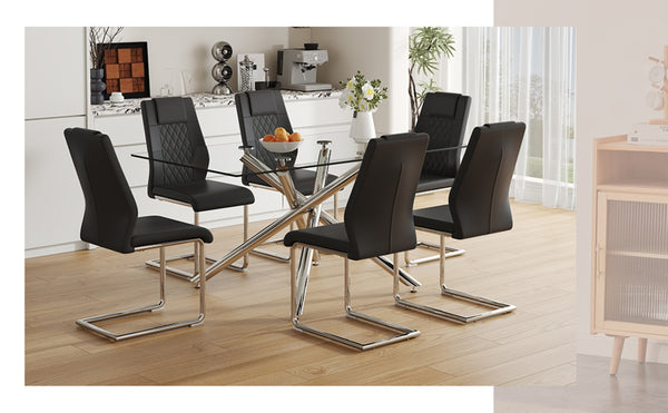 English Elm Table Modern 7-Piece Dining Set With Transparent Tempered Glass Top & 6 Black Pu Chairs, Stylish Design W1151S04128-GIGA