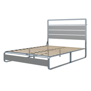 English Elm Queen Metal Platform Bed Frame with Headboard Shelf, USB/AC Charging, LED Lights, 800lb Sturdy Silver W636P209973