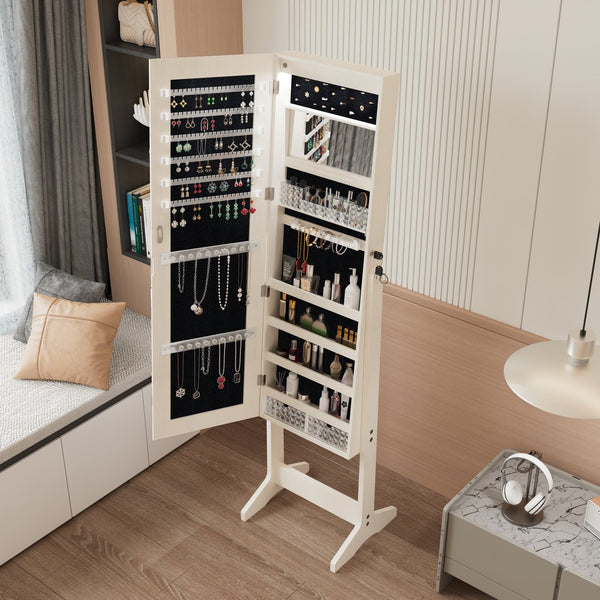 English Elm Jewelry Cabinet Armoire With Full-Length Mirror & Interior Lighting - Elegant Organizer With Lock W3406P340443