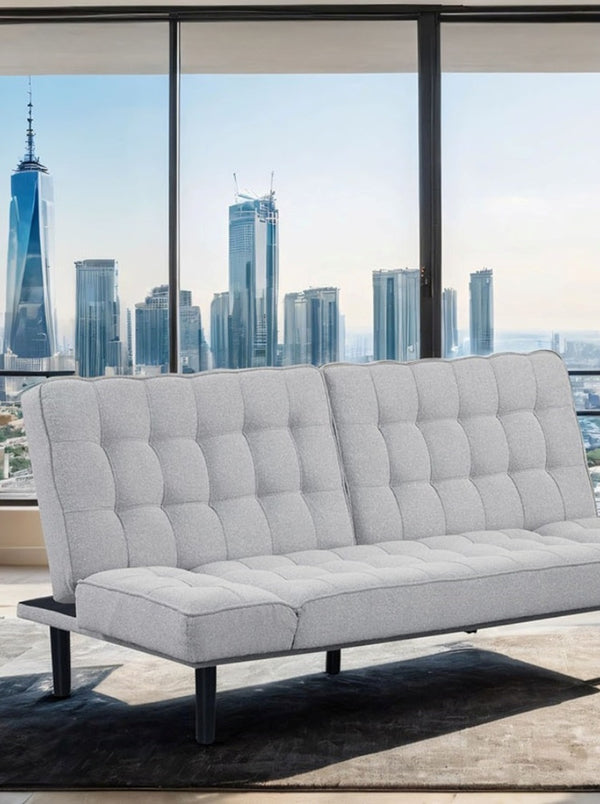 English Elm Light Gray Futon Sofa With Biscuit Tufting - Stylish Convertible Couch With Adjustable Arm Rests B2741P314791