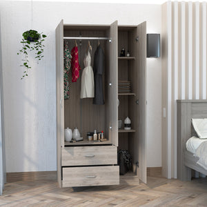 English Elm Austral 3 Door Armoire with Two Drawers, Five Shelves and Hanging Rod — Smokey Oak Finish for Organized Rooms and Bedrooms Light Gray 39 L x 22 W x 3 H B200S00362