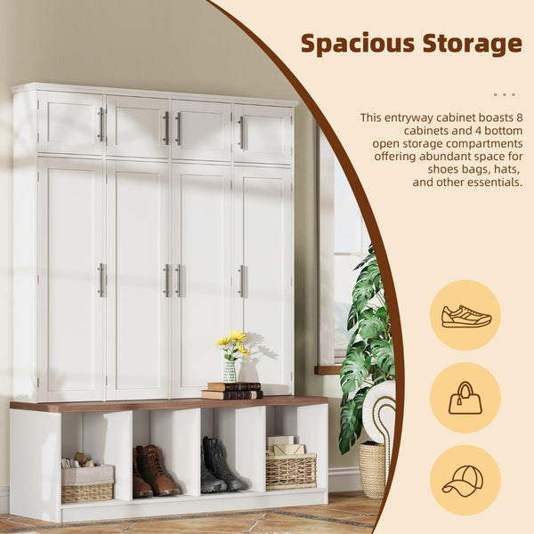 English Elm Farmhouse Hall Tree with Triple Arch Back Panel Eight Hooks Drawers and Entryway Bench White N721S000059K-1