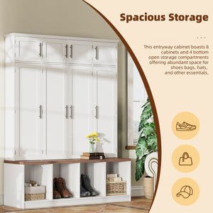 English Elm [Assembly Video] Farmhouse Hall Tree with Walnut Bench, 8-Door Shoe Cabinet, 4 Hooks & Open Storage Organizing Entryway White N721S000059K