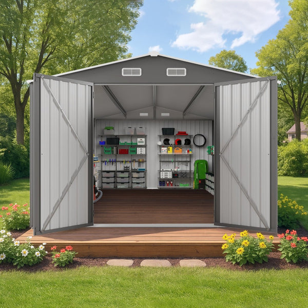 English Elm 10x14 Ft Galvanized Steel Outdoor Storage Shed with Lockable Doors and Vented Window W3213S00004
