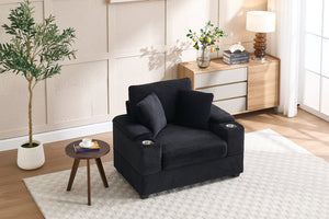 English Elm Corduroy Upholstered Chaise Lounge Sofa with Movable Ottoman, Cup Holder, Deep Seat Comfort Black W2120S00011