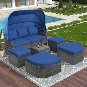 English Elm U_STYLE Outdoor Patio Daybed Sunbed with Retractable Canopy, Modular Rattan Conversation Set for Comfort Blue WF299597AAV