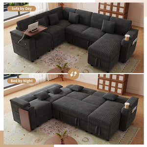 English Elm 100-inch Corduroy U-shaped Sectional Sleeper Sofa with Usb Port and Hidden Storage Dark Gray W2564S00135