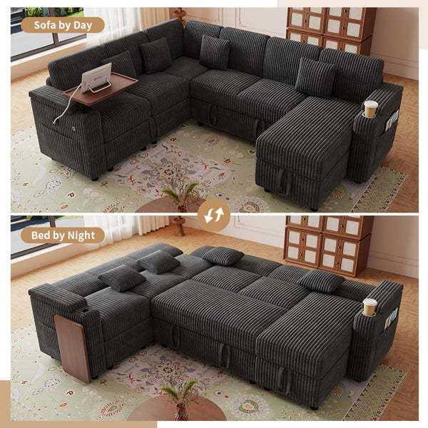 English Elm 100-inch Corduroy U-shaped Sectional Sleeper Sofa with Usb Port and Hidden Storage Dark Gray W2564S00135
