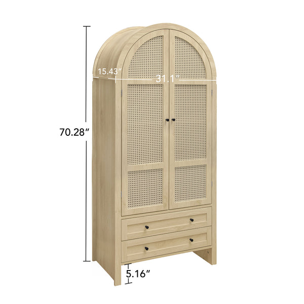 English Elm 70.28" Arched Kitchen Pantry Cabinet with Rattan Doors, 2 Drawers, Adjustable Shelves & Safety W688S00057