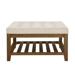 English Elm Upholstered Tufted Linen Square Ottoman Coffee Table with Beech Wood Shelf, 33.5" Large Ivory, Multiuse W2353P183805