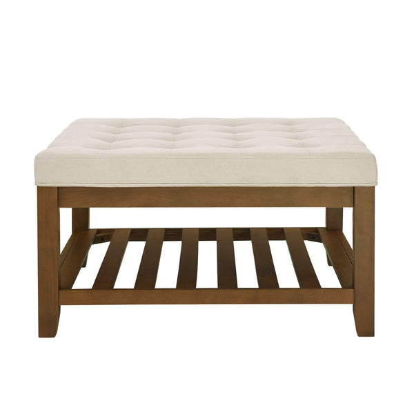 English Elm Upholstered Tufted Linen Square Ottoman Coffee Table with Beech Wood Shelf, 33.5" Large Ivory, Multiuse W2353P183805