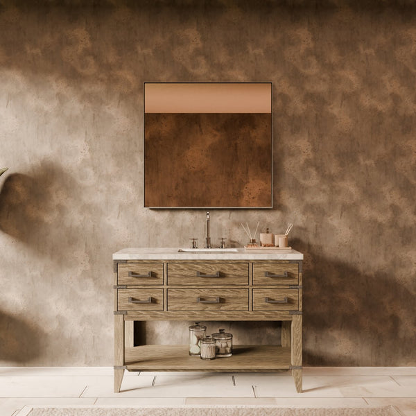 English Elm Grey Oak Single Bath Vanity 48 in W x 22 in D with Polished Carrara Marble Top, Soft-Close Drawers & 46 in Mirror B2731S01528