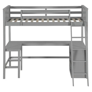 English Elm Twin Loft Bed with Built-in Desk and Open Shelves Solid Pine Kids Study Sleep Gray LT001537AAE-1