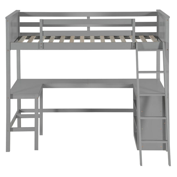 English Elm Twin Loft Bed with Built-in Desk and Open Shelves Solid Pine Kids Study Sleep Gray LT001537AAE-1