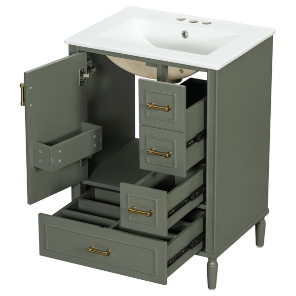 English Elm 24" Olive Bathroom Vanity Solid Wood Frame Ceramic Sink Gold Hardware Soft Close Olive Green N729P373272F