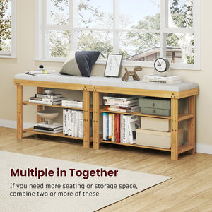 English Elm Bamboo 3-Tier Shoe Bench with Cushion & Adjustable Shelves, Durable Bamboo Frame, Khaki, 27.5" W T3210P293769