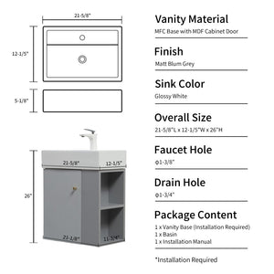 English Elm 21.6" Floating Bathroom Vanity Ceramic Sink Soft Close Cabinet Open Side Shelf Grey W1920S00198