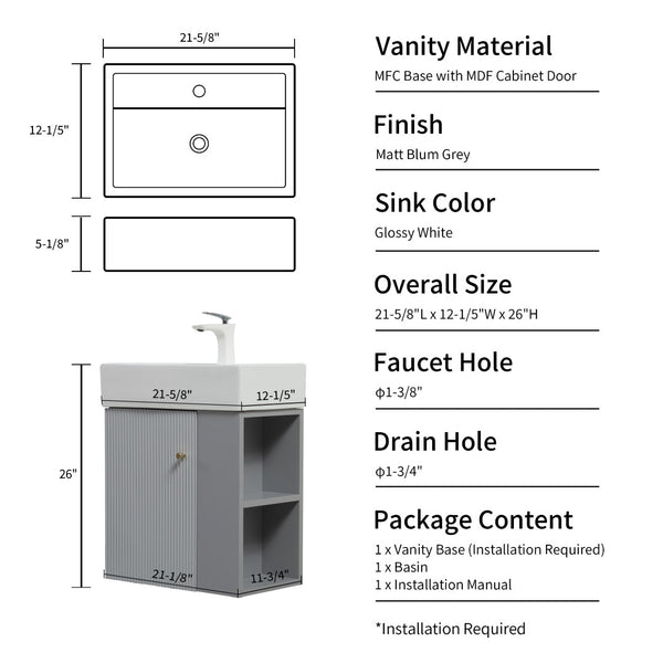 English Elm 21.6" Floating Bathroom Vanity Ceramic Sink Soft Close Cabinet Open Side Shelf Grey W1920S00198