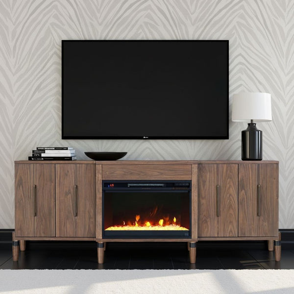 English Elm Tranquility Walnut Fireplace Tv Stand with Mid-century Legs Fits Tvs up to 90 Inches B108P411438