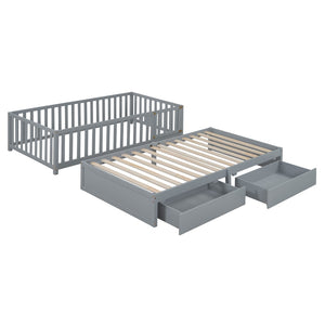 English Elm Twin Pinewood Daybed with Fence Guardrails Two Storage Drawers and Split Floor Bed Gray LP200881AAE