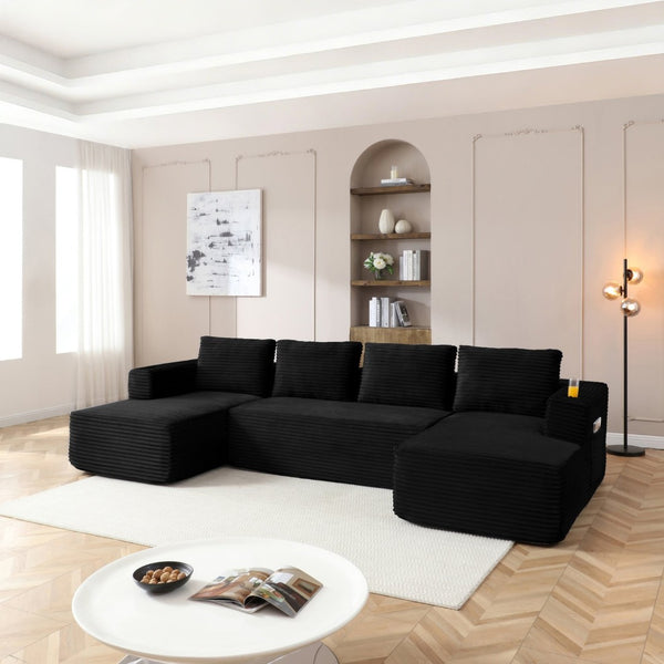 English Elm 132" Modular U Shaped Corduroy Sectional with Deep Seat Cupholders and Cloud Comfort W1117S00343