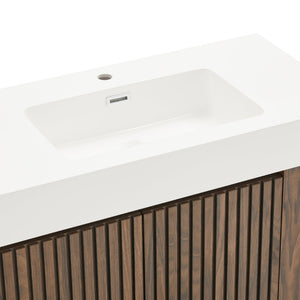 English Elm Galan Freestanding Bathroom Vanity Quartz Basin Fluted Wood Cabinet Modern Bath Walnut Brown W1865S00220
