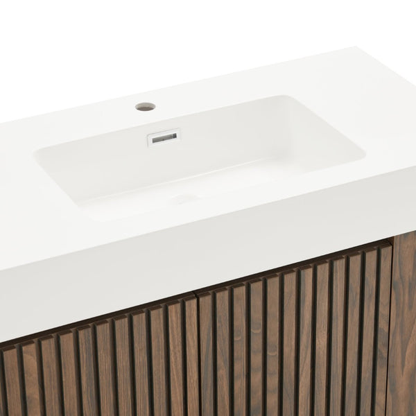 English Elm Galan Freestanding Bathroom Vanity Quartz Basin Fluted Wood Cabinet Modern Bath Walnut Brown W1865S00220