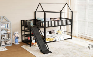 English Elm Full Metal House Bunk Bed with Slide Storage Stairs and Safety Rails for Kids W1580S00344