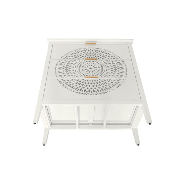 English Elm 3 Drawer Cabinet with Hollow Carved Accents, Solid Pine Feet, Gold Handles & Smooth Metal Slides — Elegant Storage for Entryway Bedroom Living Room Beige W688138992