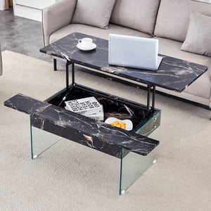 English Elm Multifunctional Lift Top Coffee Table with Tempered Glass Legs, Ergonomic Storage and Durable MDF Finish Black,Transparent W2920P226077