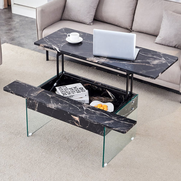 English Elm Multifunctional Lift Top Coffee Table with Tempered Glass Legs, Ergonomic Storage and Durable MDF Finish Black,Transparent W2920P226077