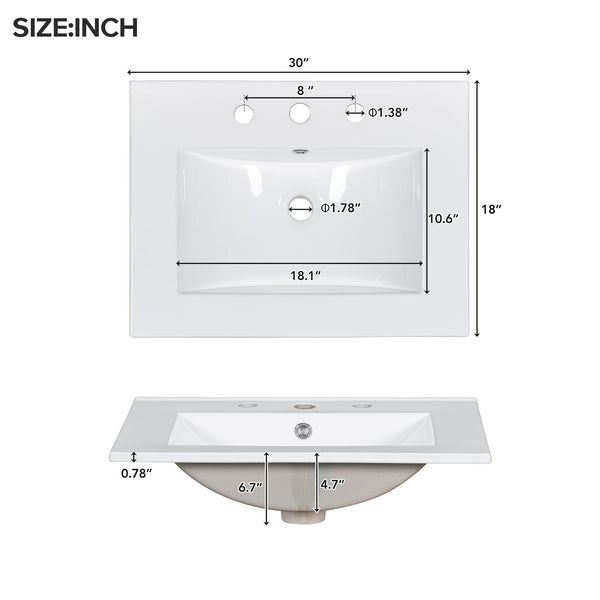 English Elm 30-inch bathroom vanity mirror cabinet set with ceramic sink, solid wood build, 3 drawers & shelves Black SV000028AAB
