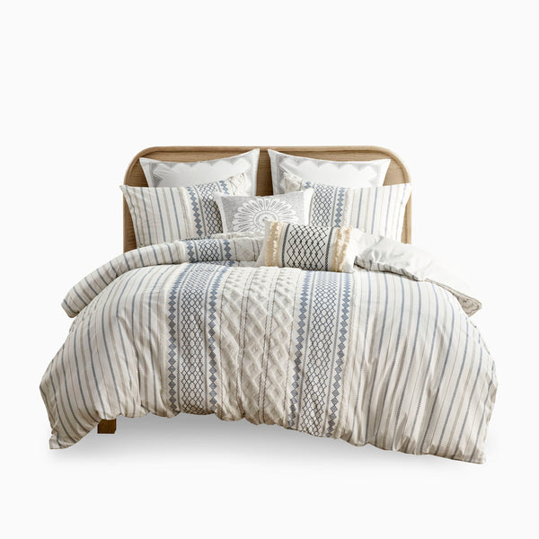 English Elm Full/Queen Kara Cotton Jacquard Duvet Cover Set – OEKO-TEX, button closure, ties, global striped & diamond design Multicolor 11.81 L x 9.84 W x 5.51 H B03596509