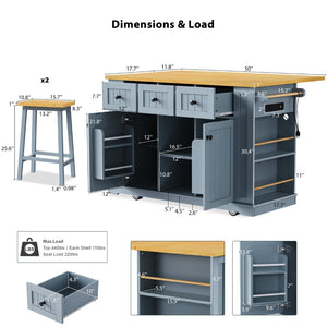 English Elm K&k 53 Inch Kitchen Island Set with Bar Stools Power Outlet Drop Leaf and Storage Grey-Blue N707S003007G