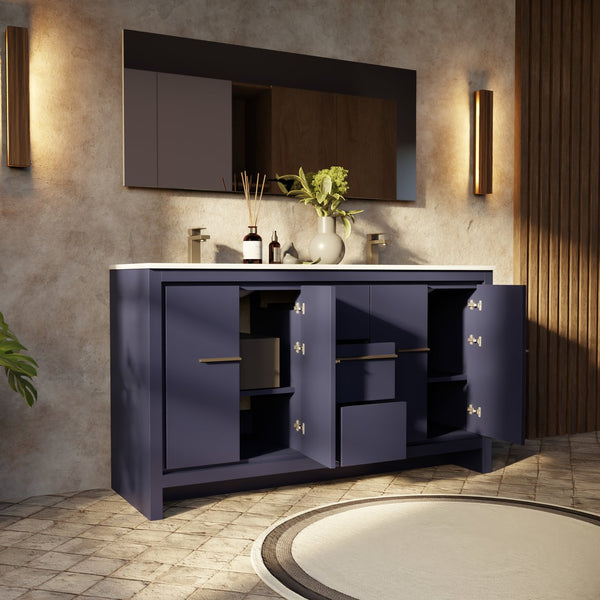 English Elm Navy Blue Double Bath Vanity Set With Cultured Marble Top, Gun Metal Faucet & 55 In. Mirror B2731S01727